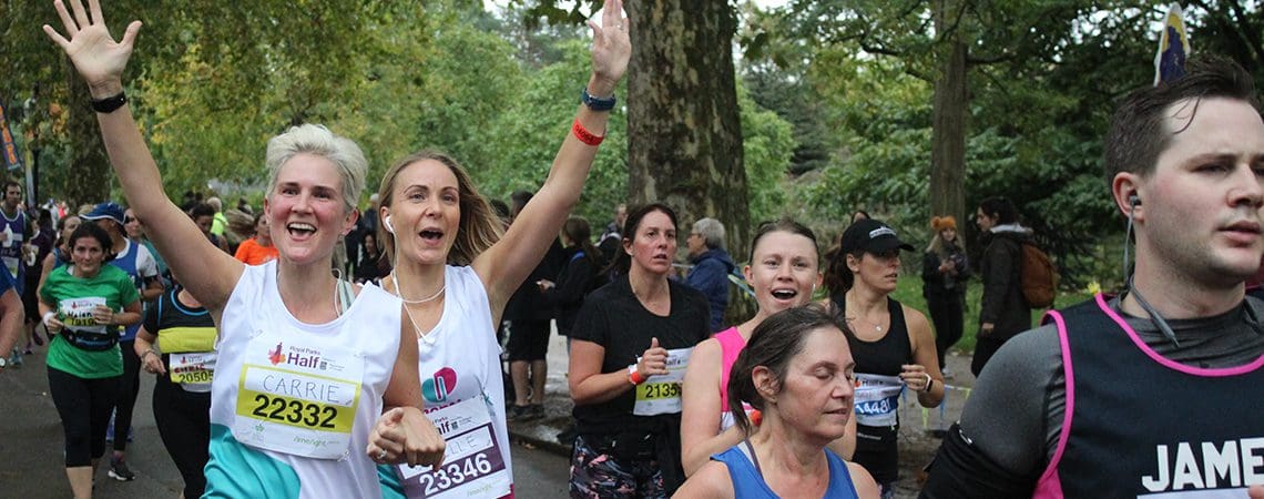 Runners during a race celebrate