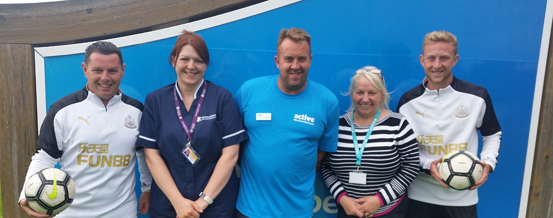 Paul Yeardon, Newcastle United Community Coach for Alnwick and Regan Graham, Newcastle Community Coach for Berwick together with HospiceCare’s Admiral Nurse, Betty Lucas