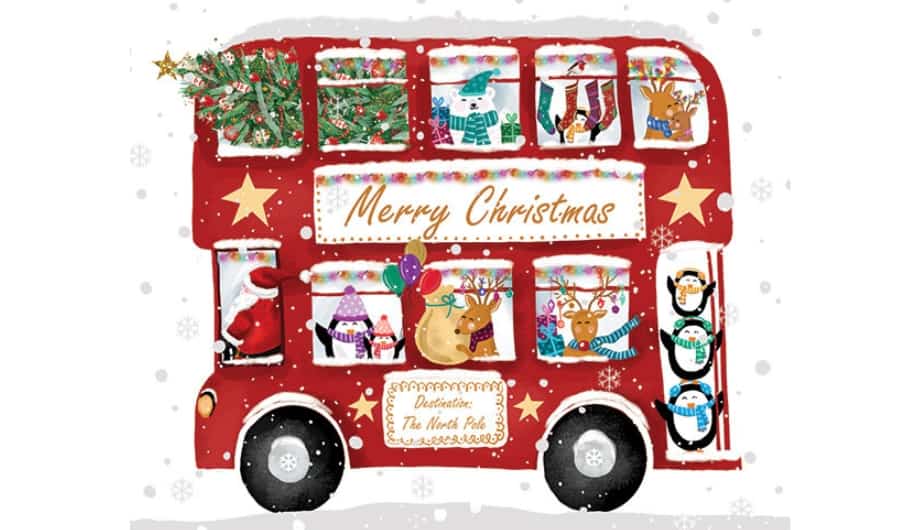 Graphic of a London bus decorated for Christmas
