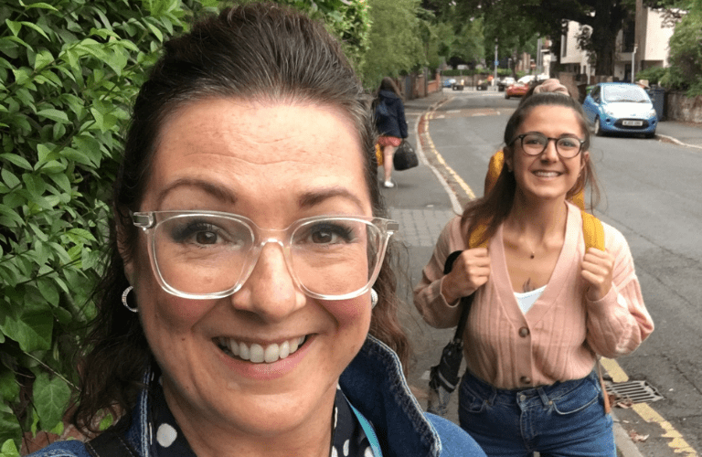 Deborah and her daughter outside walking