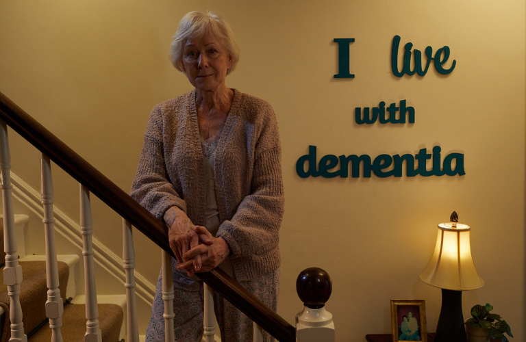 elderly lady standing on the stairs with the lettering I live with dementia on the wall behind her