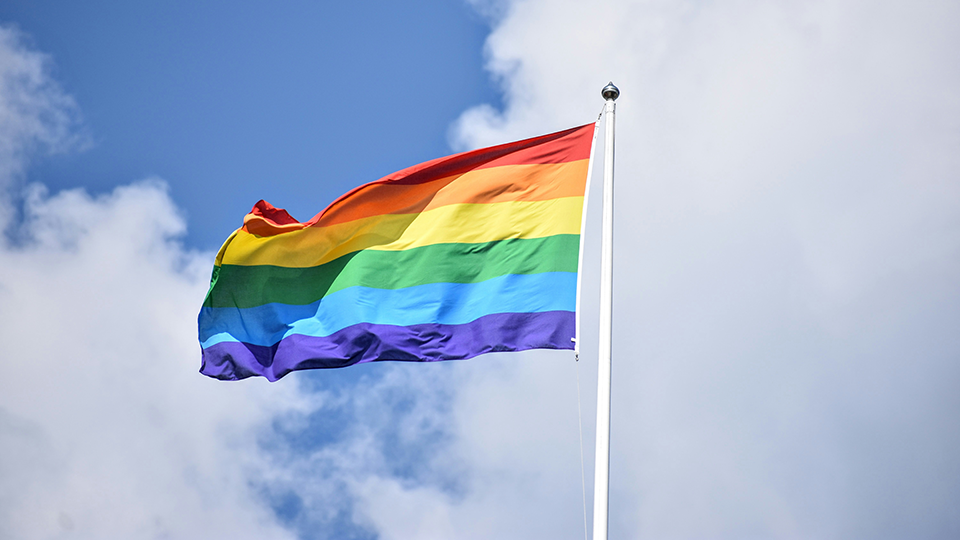 A rainbow flag flutters in the wind